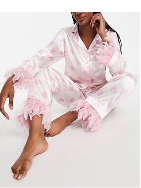 Satin Polka Dot Pajama Set with Feather Trim - NWOT purchased from ASOS